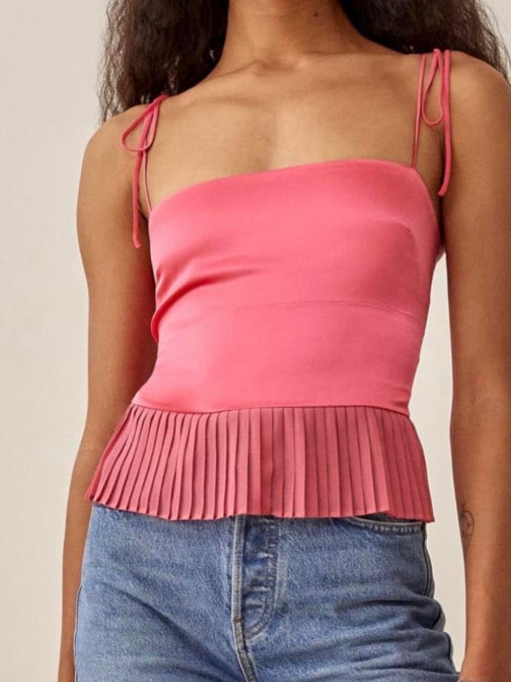 Reformation Pink Satin Pleated-Hem Tank Top